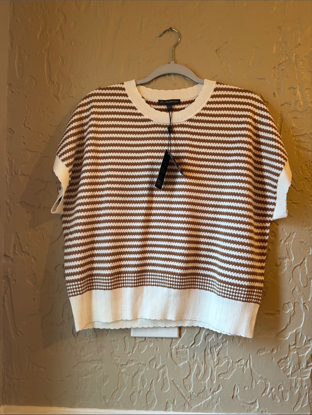 Adrianna Papell Brown and White Striped Short Sleeve Sweater Top